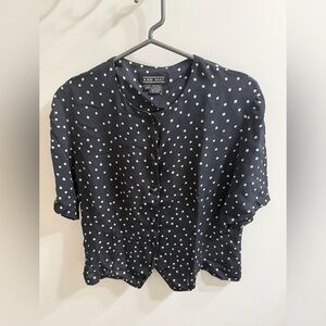 Vintage 90s Ann May Black Silk Polka Dot Blouse Short Sleeve Size Large